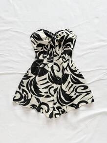 Soleia 女士度假春夏嘉年华海滩邮轮装，绿色水彩剪影印花露肩扭花前后系带阔腿连体裤，派对、约会、夏季穿着 - 黑與白 - 查看 6