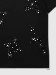 ROMWE MEN Street Life Áo thun tay ngắn Unisex có họa tiết ngôi sao đính đá thời trang, thiết kế theo phong cách đường phố của Mỹ - màu đen - Xem 7