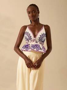 CAJUNI 女士波西米亚风彩色热带花卉印花深V领吊带露脐背心，休闲沙滩装，适合夏季度假