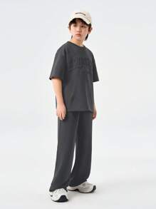 Coolane Kids Teenager Spring/Summer 2pcs/Set Boy Loose Dropped Shoulder Crew Neck Short Sleeve T-Shirt And Drawstring Waist Straight Long Pants Suit