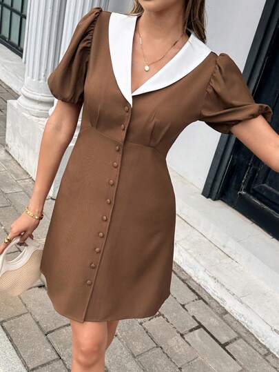 Chiquease 女士夏季沙滩裙，优雅设计，海军蓝领子，配色，泡泡袖