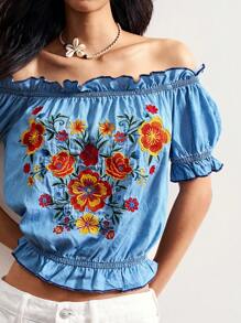 Bohemela Boho Denim Country Vacation Casual Style Embroidered Woven Denim Off Shoulder Blouse For Women - Blue - View 3