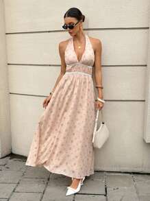 Siren Gaze Elegant Dusty Rose Embroidered Halter Neck Long Dress,Women's Summer Holiday Vacation Open Back Waist A-Line Linen Dress For Party,Casual Wear - Apricot - View 4