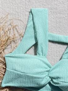 SHEIN Tween Girl Vacation Circular Hollow Drawstring One-Piece Swimsuit, Beach Wear - Green - View 4