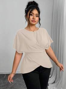 Elenzga 女士休闲优雅系带收腰衬衫，适合通勤，夏季大码裹身上衣，大码衬衫，曲线大码上衣，女士优雅上衣，大码不对称大码上衣 - 杏色 - 查看 5