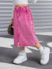 SHEIN 年轻女孩甜美可爱的口袋和侧开衩牛仔迷你裙 - 粉色 - 查看 4