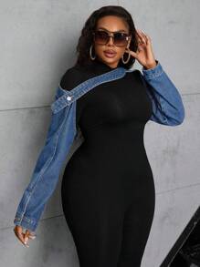 SHEIN SXY Áo khoác denim hở vai cho nữ cỡ lớn có tay áo - Rửa nhẹ - Xem 5