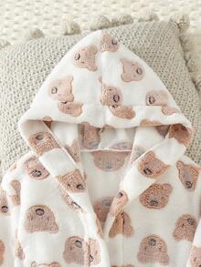 女童白色草莓印花长袖连帽长袍睡衣 - 卡其色 - 查看 3