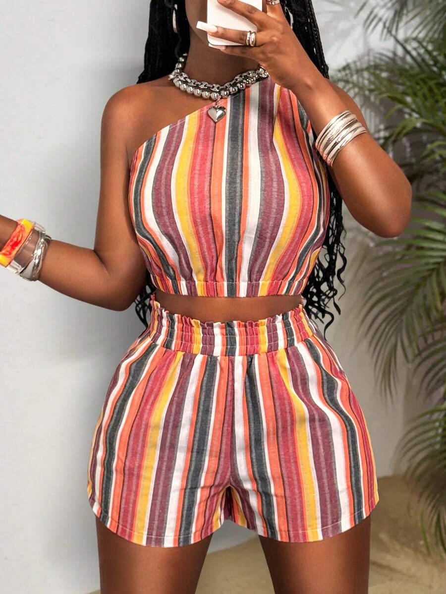 Slaydiva 2025新款夏季休闲街头Y2K甜美辣妹日常约会复古街头挂脖吊带侧PU丝带镂空吊带荷叶边下摆巴洛克印花玫红色迷你裙修身短裙针织女士迷你连衣裙-A