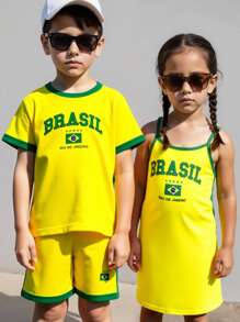 فستان عادي للفتاة الصغيرة بطبعة حرف البرازيل على الحزام، مجموعة متطابقة لأمي وابنتها (تباع القطعتان بشكل منفصل)