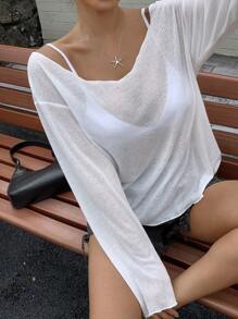 DAZY Women's Loose Deep V-Neck White Long Sleeve Sheer Casual Street Wear T-Shirt, Summer,Back To School Clothes,Fall Women T-Shirt