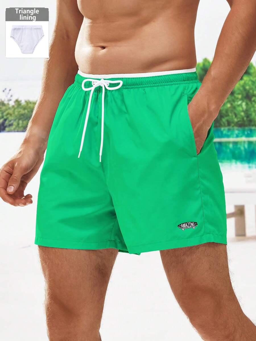 Zalmeno 男士字母印花抽绳腰侧袋休闲沙滩短裤，男士绿色泳裤，男士沙滩装，男士绿色短裤，男士游泳短裤，纯色泳裤 - 綠色 - 查看 1