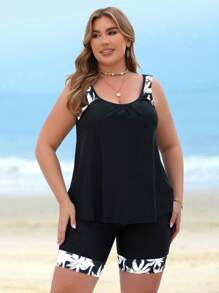 Swim Lushoire 加大码宽肩带圆领无袖夏季分体泳衣 - 黑與白 - 查看 3