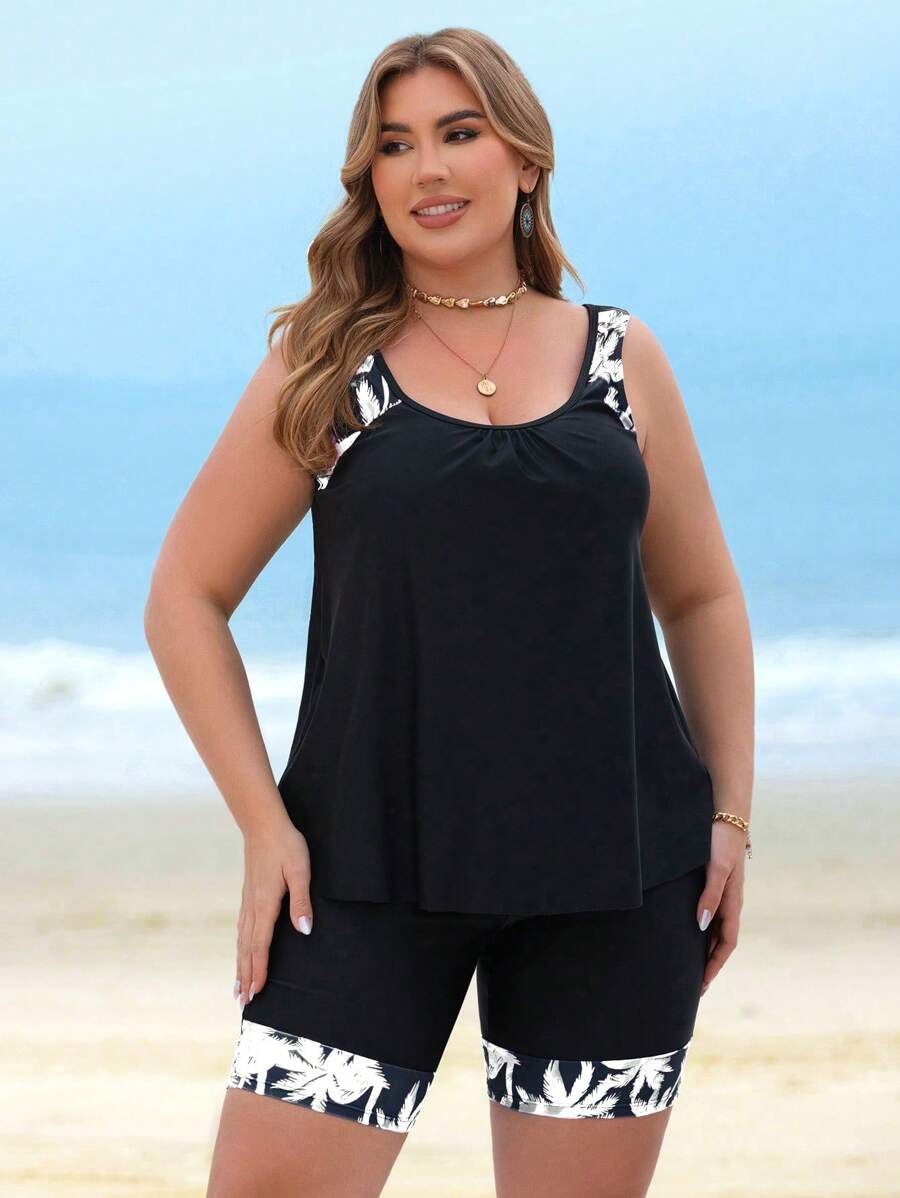 Swim Lushoire Plus Size Wide Strap Round Neck Sleeveless Summer Tankini Swimwear - Black and White - View 1