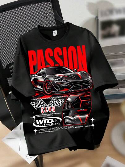 SHEIN Racing Car, Passion, Kids Graphic Tees, Tween Boys Casual Simple Round Neck Short Sleeve T-Shirt, Suitable For Summer