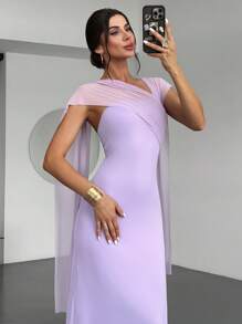 Firerie Women's Elegant Asymmetrical Neckline Waist Fitted Long Purple Mesh Flowy Party/Graduation Dress, Summer - Purple - View 6