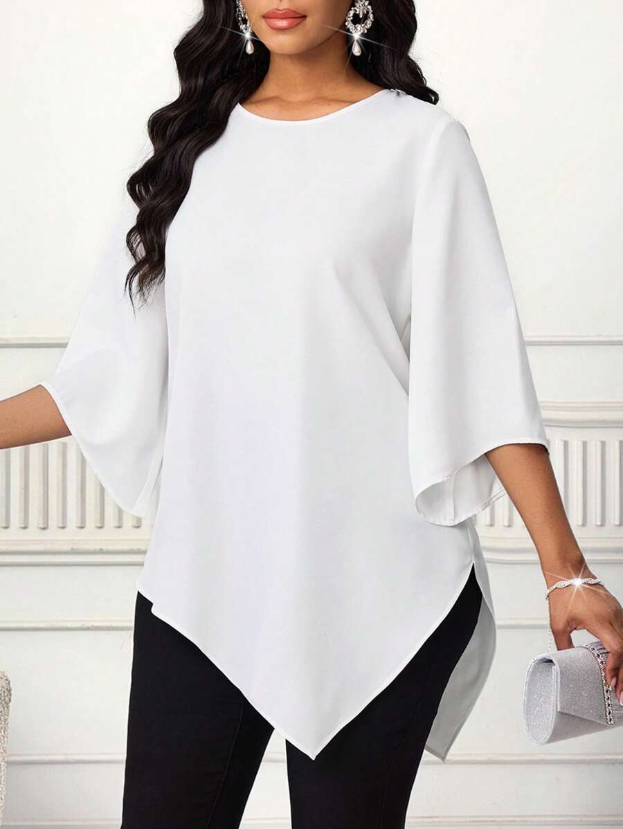 SHEIN Lady Damen einfarbige, metallic Rundhalstop mit 3/4 Ärmeln, lässiges asymmetrisches Blusenbund, elegante Bluse, Outfit Thermobluse für den Winter, Valentinstag, Silvester Party, Damenbekleidung, Langarm Kleid für Valentinstag, Silvester Party, Damenkleid, goldener Minirock, goldener Rock, Erntedankkleid, Silvesterkleid, Urlaubskleidung