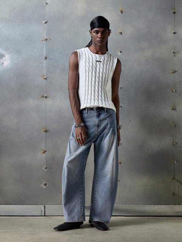 NEON BLANC Jeans de mezclilla tejidos con efecto rasgado ancho y estilo callejero, inspirado en el streetwear para hombre