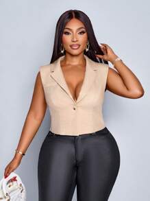 Maweii Women's Solid Color Notched Lapel Single-Breasted Cropped Casual Blazer Vest For Autumn Graduation,Back To School,Teacher Outfits For Women - Khaki - View 5