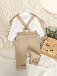 SHEIN 2pcs Toddler Boys' Cute Formal Gentleman Style Outfit Set, Including White Long Sleeve Collar Shirt With Bowknot And Casual Suspender Pants, Fashionable Elegant Handsome, Suitable For Birthday Party, Evening Party, Performance, Wedding, Full Moon, Baptism And Celebration, Spring/Autumn Fall Winter