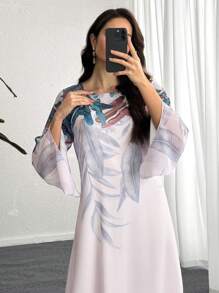 SHEIN Najma 热带植物印花圆领喇叭袖阿拉伯风格连衣裙 - 彩色 - 查看 3