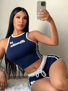 SHEIN SXY 2pcs Women Letter Print Crop Top And Shorts Set, Summer Two Pieces Set Women Track Shorts Sporty Two Pieces Set, 2 Pieces Shorts Set, Navy Blue Two Pieces Set Women Track Suit Shorts