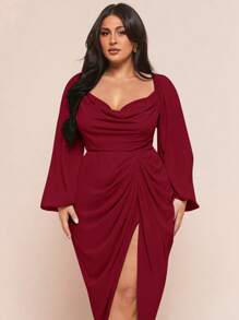 SHEIN BAE 大码女式优雅派对约会性感闪光亮片垂坠领褶饰不对称下摆开衩长袖连衣裙，豌豆绿，婚礼宾客礼服女式 - 酒紅色 - 查看 5