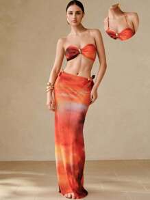 Swim Oasis Set de 3 piezas, Conjunto de bikini y falda con estampado de puesta de sol, decoración de metal fruncido y correa para el hombro desmontable, conjunto de verano para la playa - Multicolor - Ver 2