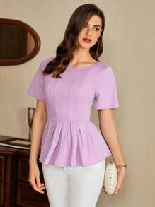 Vintamour Áo thun nữ tay ngắn xếp nếp cổ điển thanh lịch, ôm vừa vặn, màu tím, xuân/hè, áo peplum - Màu tím hoa cà - Xem 6