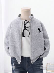 SHEIN 1 件装年轻男童休闲学院风舒适纯色刺绣骏马图案拉链前开襟夹克外套，百搭时尚 - 灰色 - 查看 1