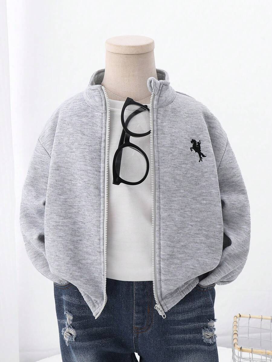 SHEIN 1 件装年轻男童休闲学院风舒适纯色刺绣骏马图案拉链前开襟夹克外套,百搭时尚 - 灰色 - 查看 1