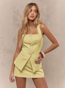 MISSGUIDED 优雅亚麻质感背心迷你裙度假装无袖纽扣前开襟奢华夏季度假派对办公室装