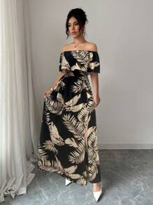 Breezaya Plants Print Off Shoulder Split Thigh Dress For Summer Vacation Maxi Vacation Beach Outfits Women - Multicolor - View 3