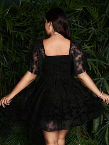 Sunspun Đầm ren hoa cổ tim tay bèo nhún thanh lịch cỡ lớn cho nữ - màu đen - Xem 2