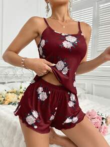 SHEIN 2 件套花卉印花女式睡衣套装、吊带背心和短裤 - 彩色 - 查看 5
