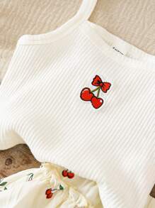 LMoss Kids 两件套女童针织纯色樱桃图案吊带背心和短裤套装 - 彩色 - 查看 4