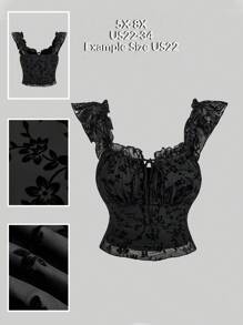 SHEIN CURVE+ 大码女式优雅花卉植绒网眼背心，夏季 - 黑色 - 查看 1