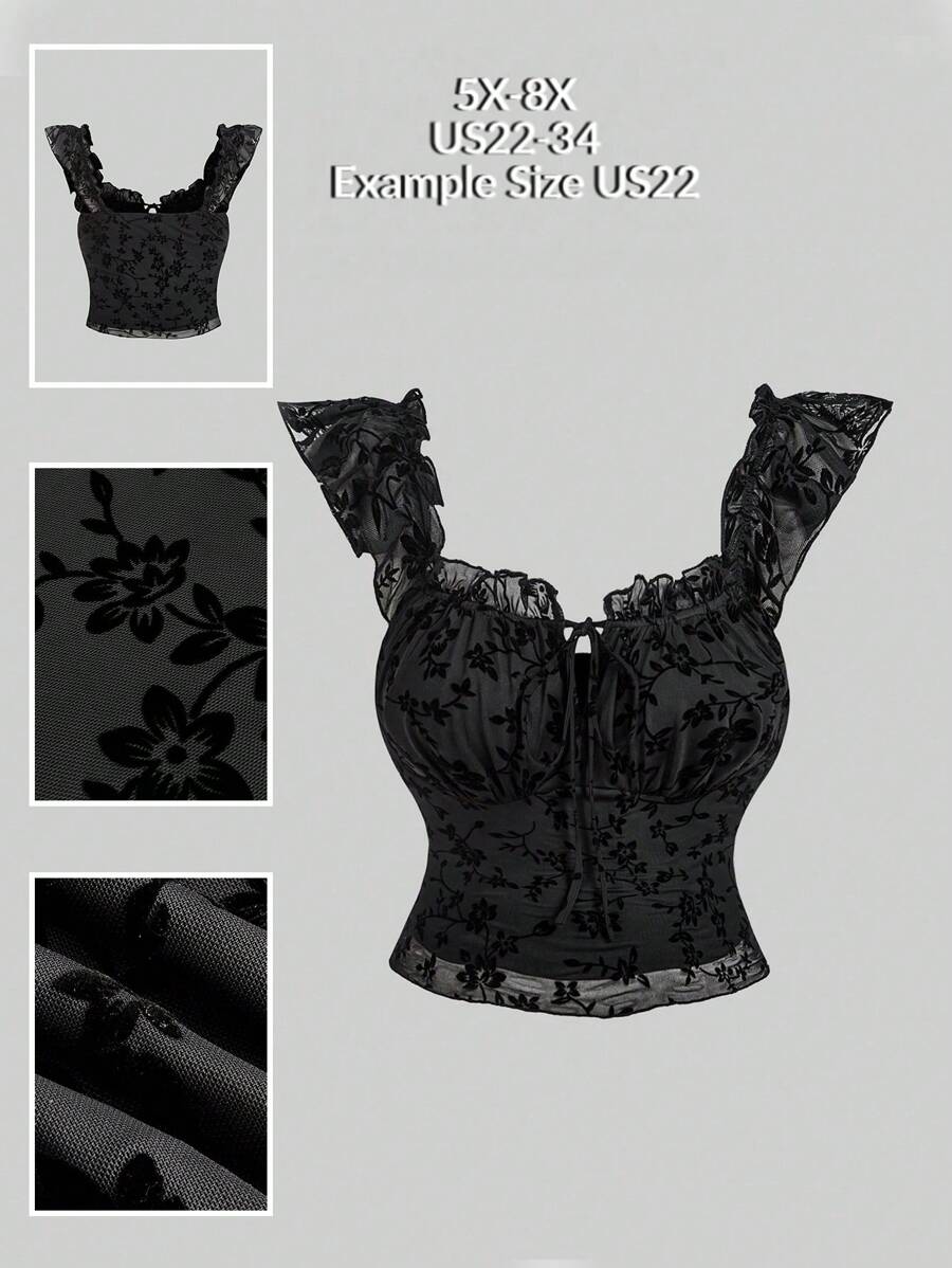 SHEIN CURVE+ 大码女式优雅花卉植绒网眼背心，夏季 - 黑色 - 查看 1