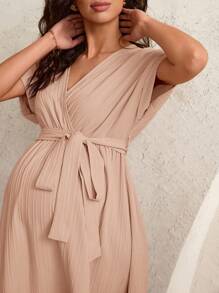 MaterniWear Đầm bầu tay ngắn màu trơn đơn giản - Màu Khaki - Xem 5