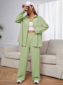 SHEIN EZwear Conjunto informal de mujer de color verde menta tejido - verde menta - Ver 3