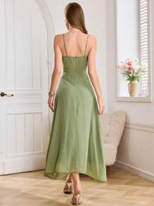 Modelyn French Elegant V-Neck Ruffle Hem Women's Dress - Green - View 2
