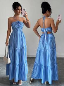 YkhahaElenzga Vestido de playa largo a rayas con decoración de flores 3D para mujeres, Verano 2025Ykhaha - Azul y blanco - Ver 3
