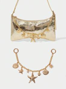 SHECARRY 1pc Golden Starfish & Shell Decor Bag Chain, Unlocking The Fashion Code Of The Ocean