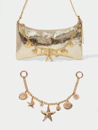SHECARRY 1pc Golden Starfish & Shell Decor Bag Chain, Unlocking The Fashion Code Of The Ocean