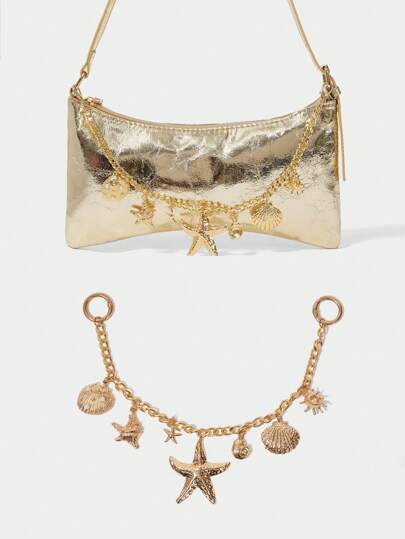 SHECARRY 1pc Golden Starfish & Shell Decor Bag Chain, Unlocking The Fashion Code Of The Ocean