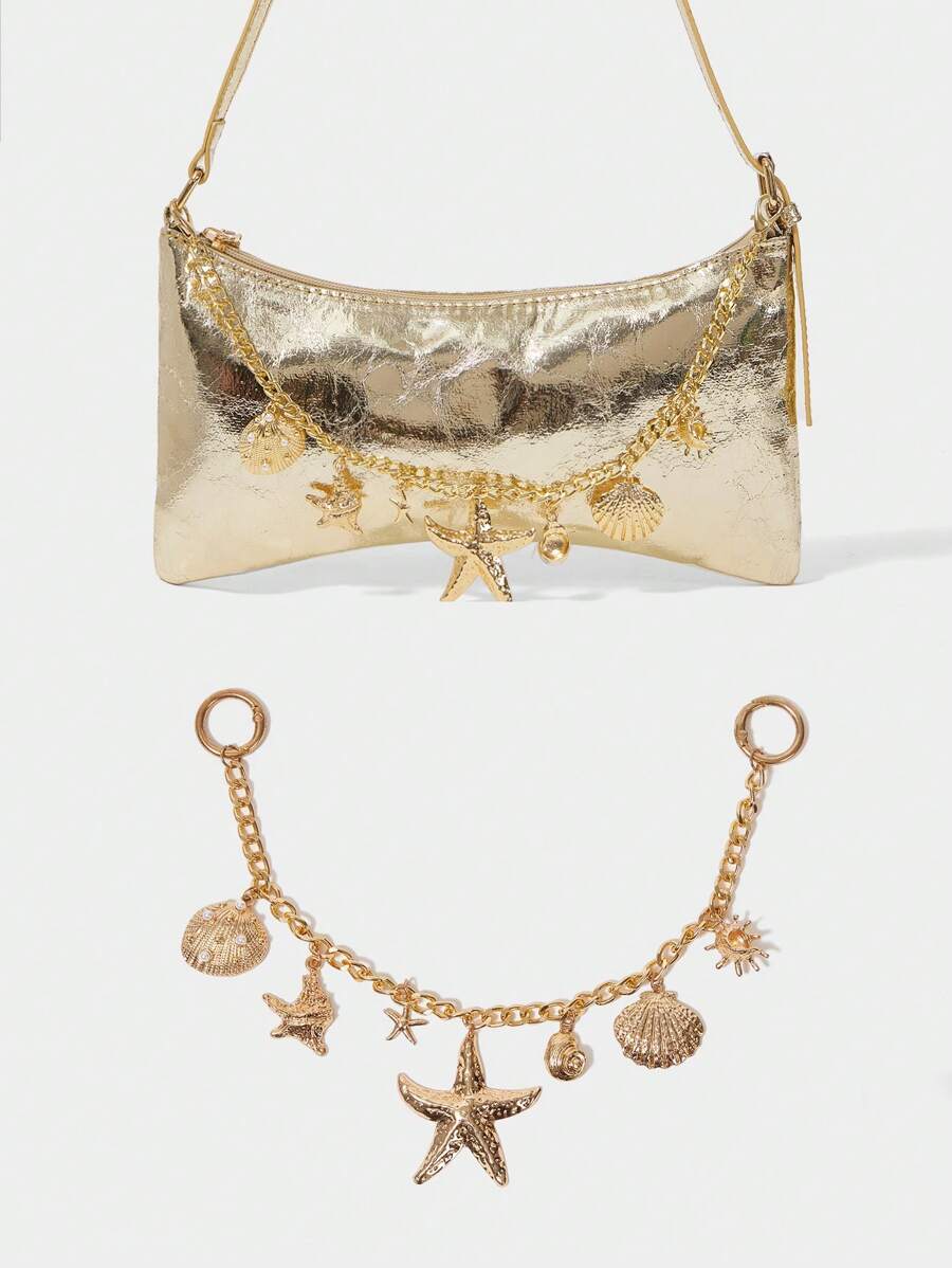 SHECARRY 1pc Golden Starfish & Shell Decor Bag Chain, Unlocking The Fashion Code Of The Ocean