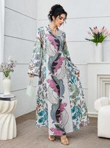 SHEIN Najma Elegantes locker sitzendes Kleid für Frauen mit floralen und Streublumen-Patchwork Applikationen an den Ärmeln