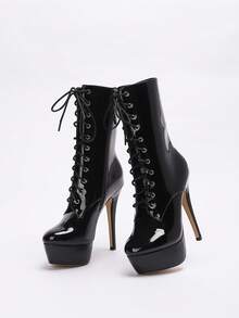 CUCCOO LuxiPop Women's Lace-Up Platform Thick Sole Mid-Calf Boots, Sexy & Fashionable For Nightclub, Halloween, Christmas, Party Wear Valentine's Day - Black - View 3