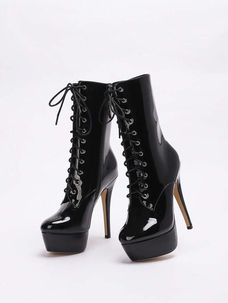 CUCCOO LuxiPop Women's Thick Sole Lace-Up Mid-Calf Boots, Waterproof Platform High Heels, Sexy & Fashionable For Night Club, Halloween, Christmas Party, Vacation, Travel, 2000s Style