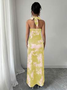 Elenzga Elegancka marmurkowa sukienka maxi z nadrukiem tie-dye i halterem - Żółty - Zobacz 2